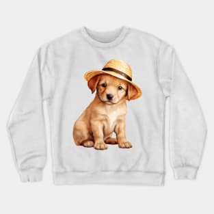 Watercolor Labrador Retriever Dog in Straw Hat Crewneck Sweatshirt